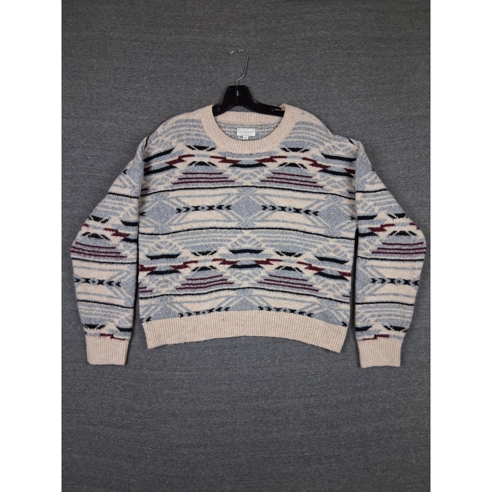 Lucky Brand Womens Sweater Medium Blue‎ Red Aztec Southwestern Native Soft Crew